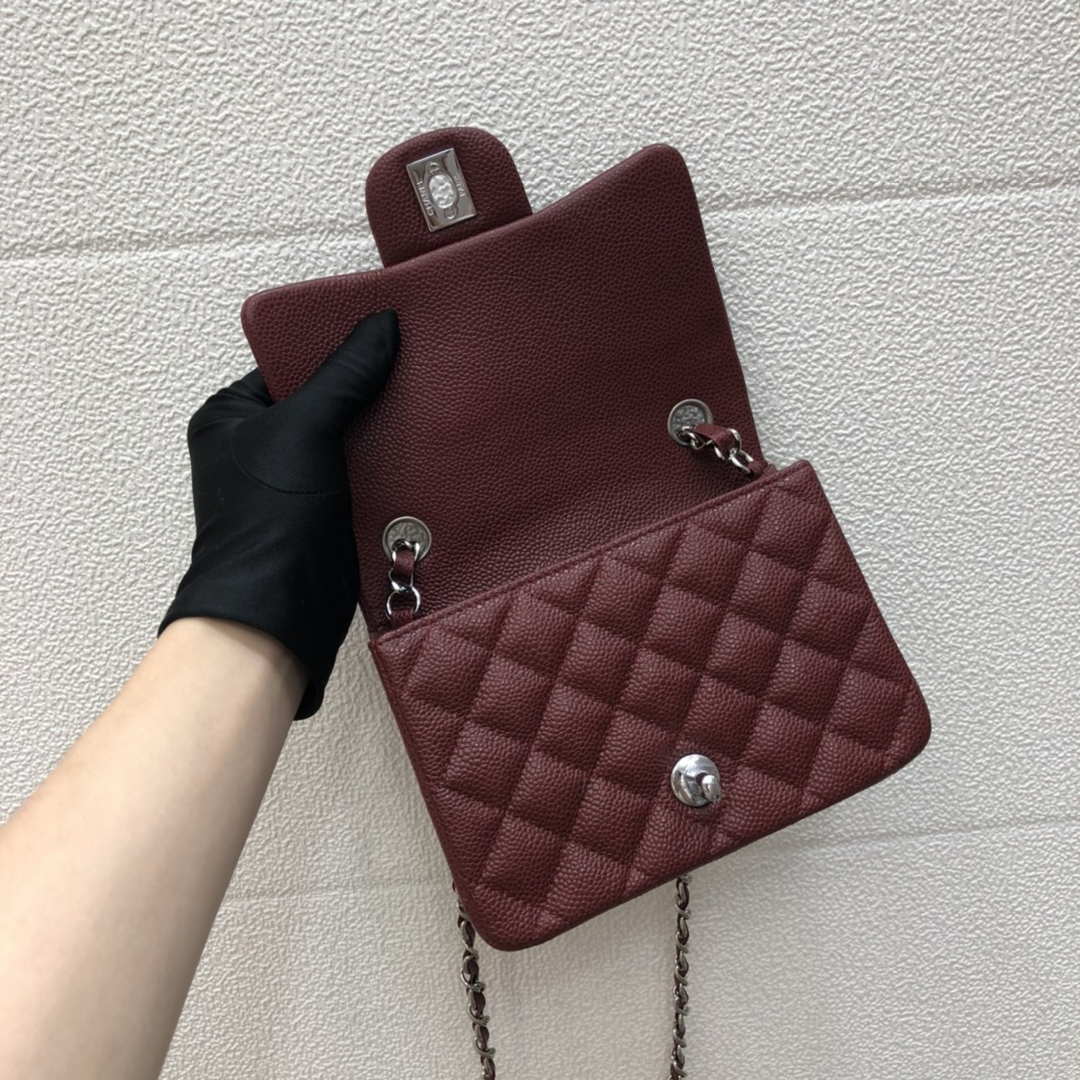Chanel A35200 Mini Flap Bag 17cm Grained Calfskin Wine Red Silver - Default Title - View 7