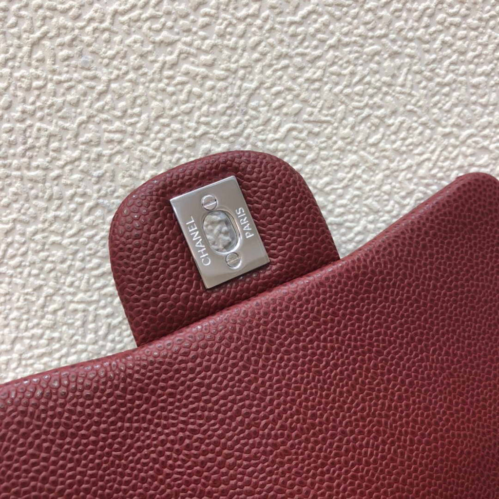 Chanel A35200 Mini Flap Bag 17cm Grained Calfskin Wine Red Silver