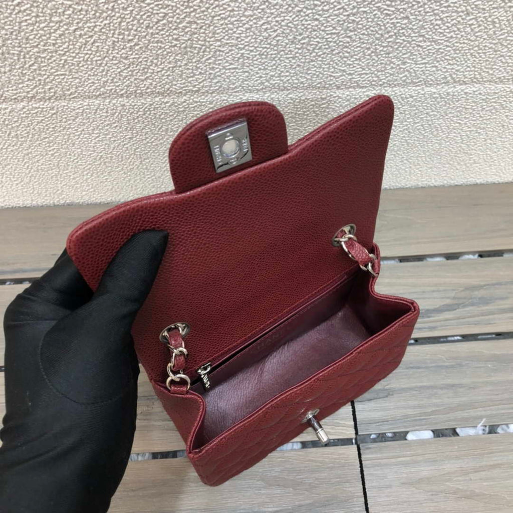Chanel A35200 Mini Flap Bag 17cm Grained Calfskin Wine Red Silver