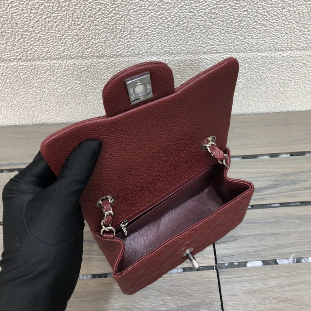 Chanel A35200 Mini Flap Bag 17cm Grained Calfskin Wine Red Silver
