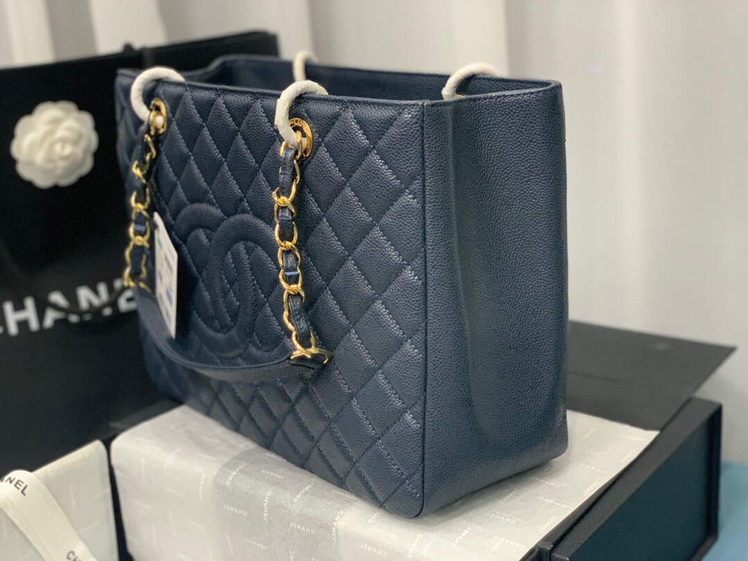 Chanel A50995 Matelasse GST Chain Tote bag caviar Calfskin leather Navy Blue Gold