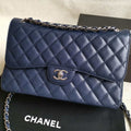 Chanel A58600 Large Classic Handbag Grained shiny Calfskin Navy Blue Sliver - Default Title - View 1