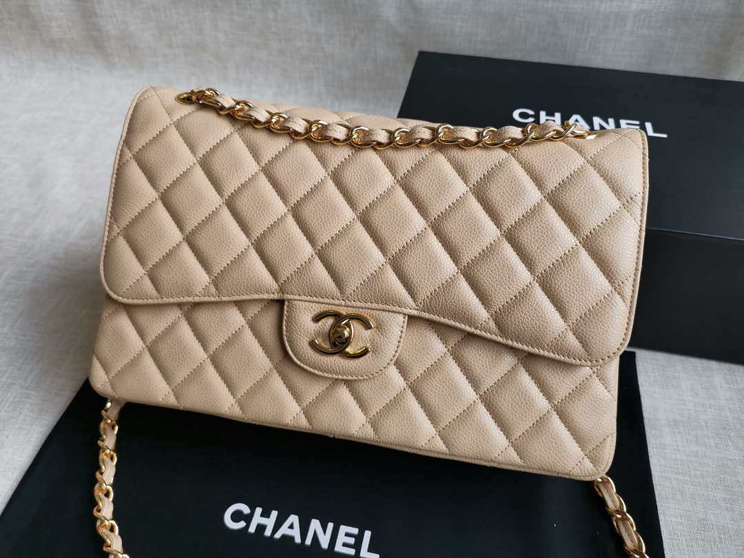 Chanel A58600 Large Classic Handbag Grained shiny Calfskin Apricot Gold - Default Title - View 1