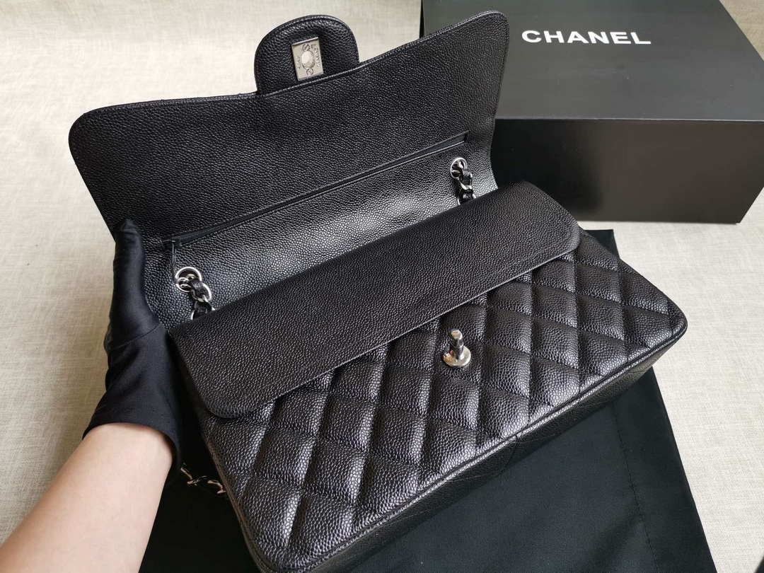 Chanel A58600 Large Classic Handbag Grained shiny Calfskin Black Sliver