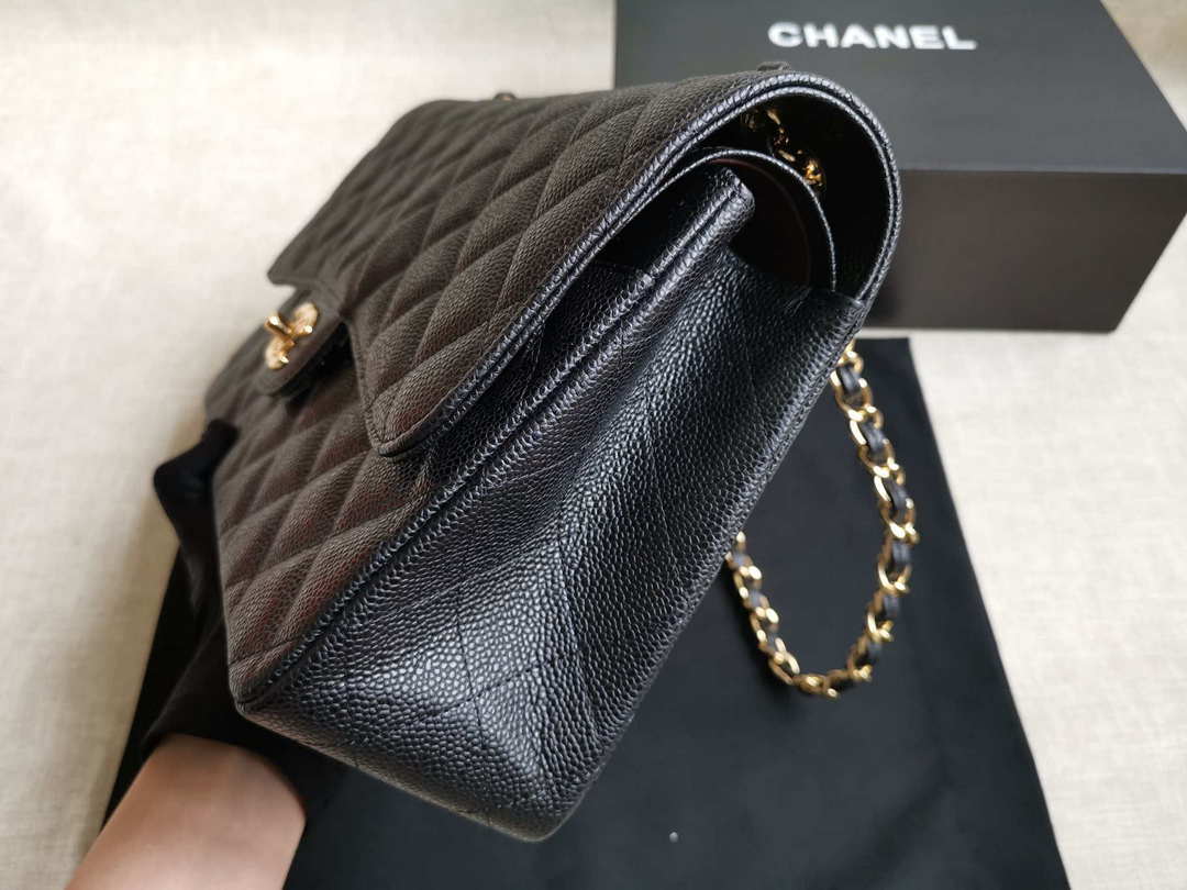 Chanel A58600 Large Flap Handbag Classic bag Grained shiny Calfskin gold Black - Default Title - View 5