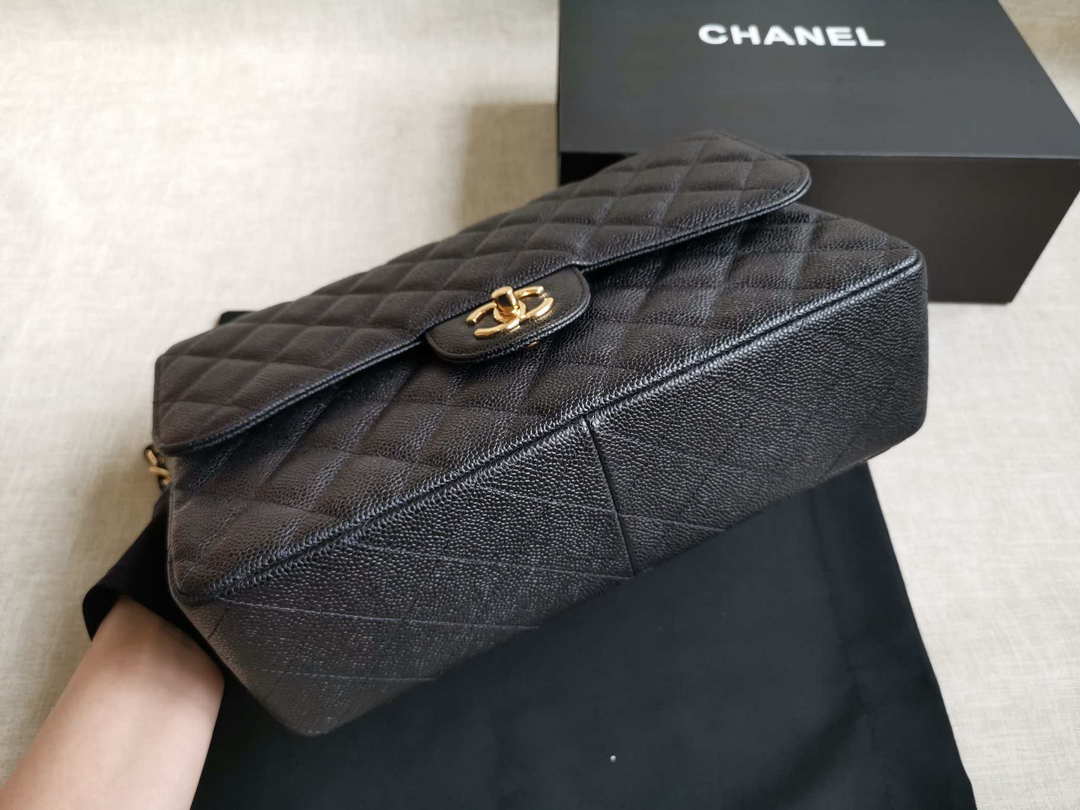 Chanel A58600 Large Flap Handbag Classic bag Grained shiny Calfskin gold Black - Default Title - View 6