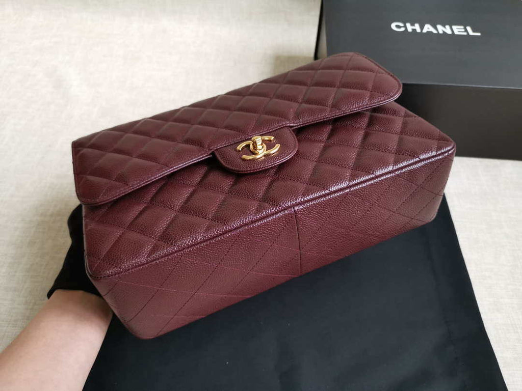 Chanel A58600 Large Classic Handbag Grained shiny Calfskin Wine Red Gold