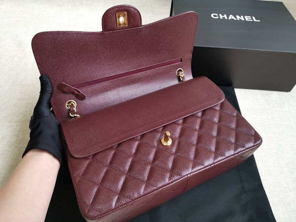 Chanel A58600 Large Classic Handbag Grained shiny Calfskin Wine Red Gold