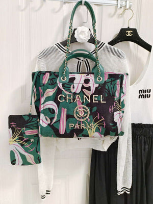 Chanel A66941 Large Tote Printed Velvet Wooden Pearls & Gold-Tone Metal Green & Multicolour - Default Title - View 2