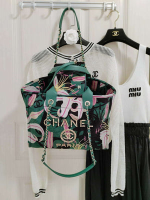 Chanel A66941 Medium Tote Printed Velvet Wooden Pearls & Gold-Tone Metal Green& Multicolour - Default Title - View 4