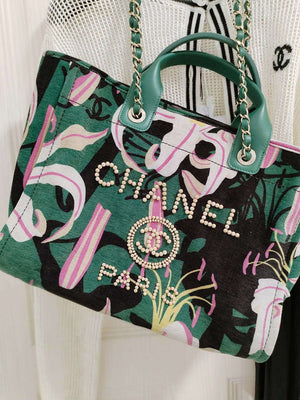 Chanel A66941 Large Tote Printed Velvet Wooden Pearls & Gold-Tone Metal Green & Multicolour - Default Title - View 7