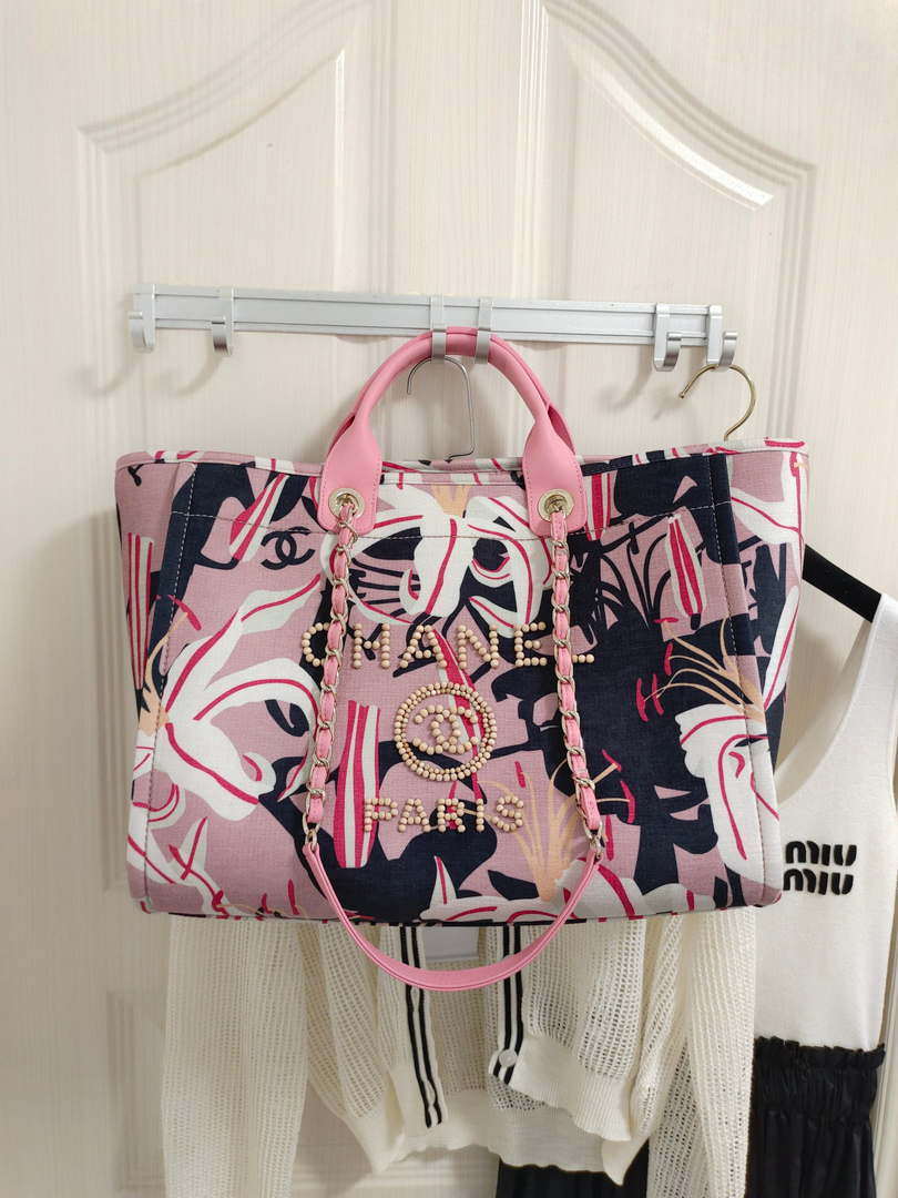 Chanel A66941 Medium Tote Printed Velvet Wooden Pearls & Gold-Tone Metal Pink & Multicolour - Default Title - View 3