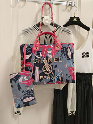 Chanel A66941 Medium Tote Printed Velvet Wooden Pearls & Gold-Tone Metal Red & Multicolour - Default Title - View 1