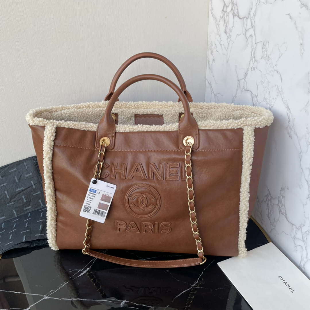 Chanel A66941 Large TOTE Shearling Lambskin & Gold-Tone Metal Brown & Beige