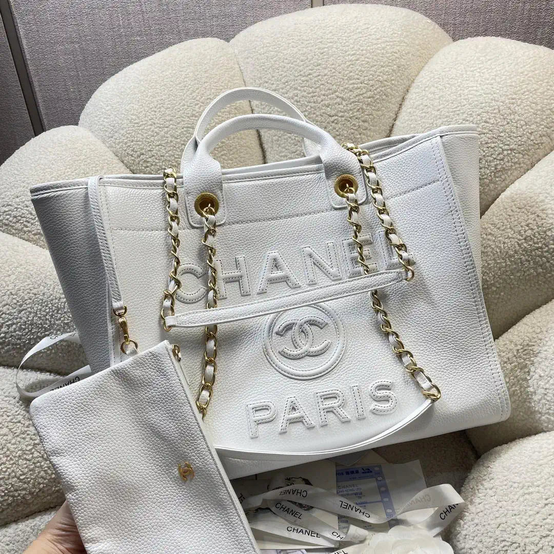 Chanel A66941 Large Tote Shopping Bag Caviar Calfskin White