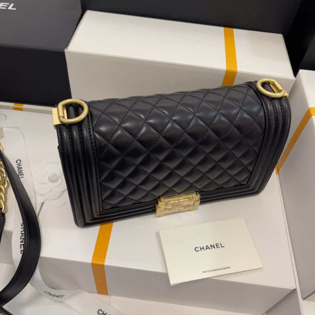 Chanel A67086 Boy Handbag Black Lambskin Leather Gold