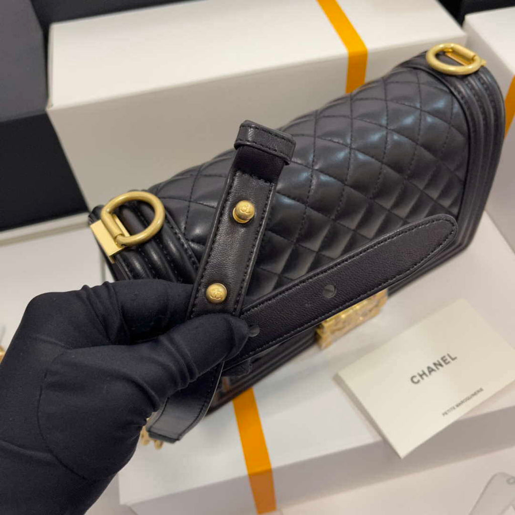 Chanel A67086 Boy Handbag Black Lambskin Leather Gold