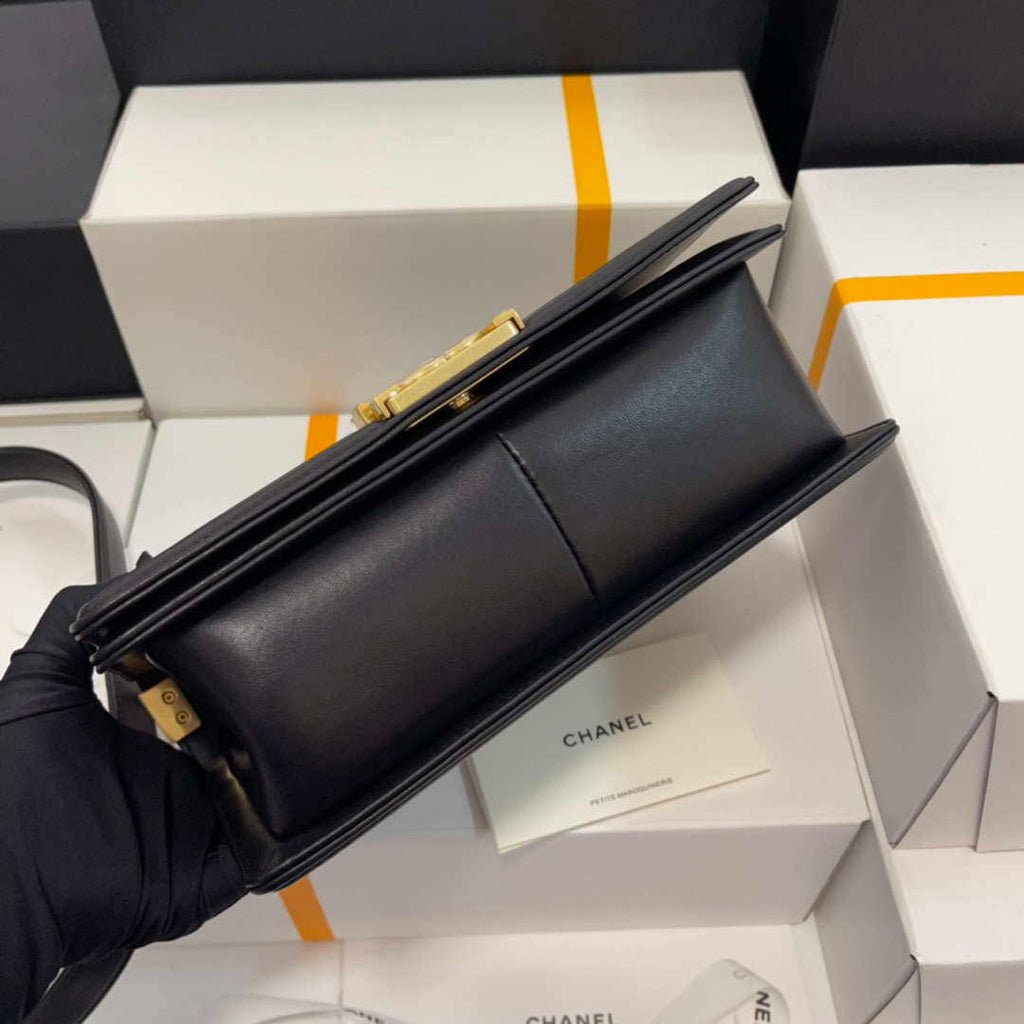 Chanel A67086 Boy Handbag Black Lambskin Leather Gold