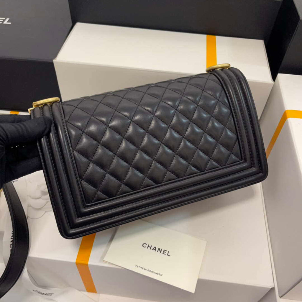 Chanel A67086 Boy Handbag Black Lambskin Leather Gold