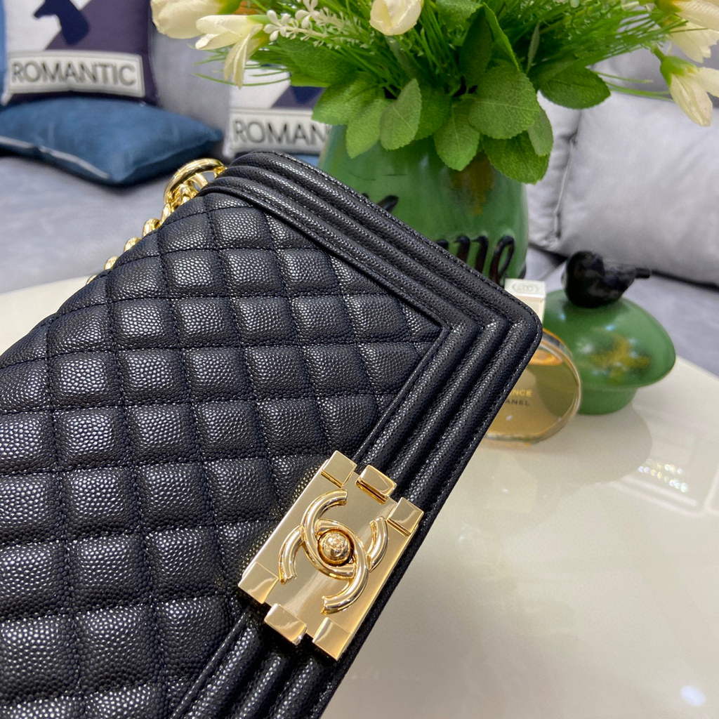 Chanel A67086 Boy Handbag Black Leather Light Gold