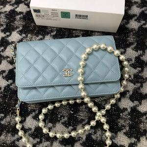 Chanel A68052 Wallet on Chain bag lambskin Imitation Pearls gold Light Blue - Default Title - View 1