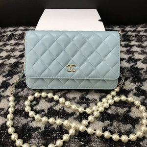 Chanel A68052 Wallet on Chain bag lambskin Imitation Pearls gold Light Blue - Default Title - View 2