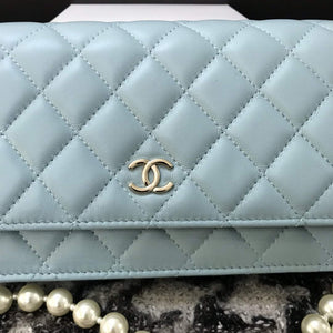 Chanel A68052 Wallet on Chain bag lambskin Imitation Pearls gold Light Blue - Default Title - View 3