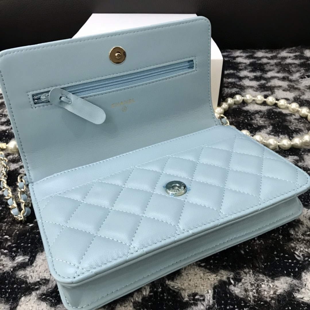 Chanel A68052 Wallet on Chain bag lambskin Imitation Pearls gold Light Blue - Default Title - View 6