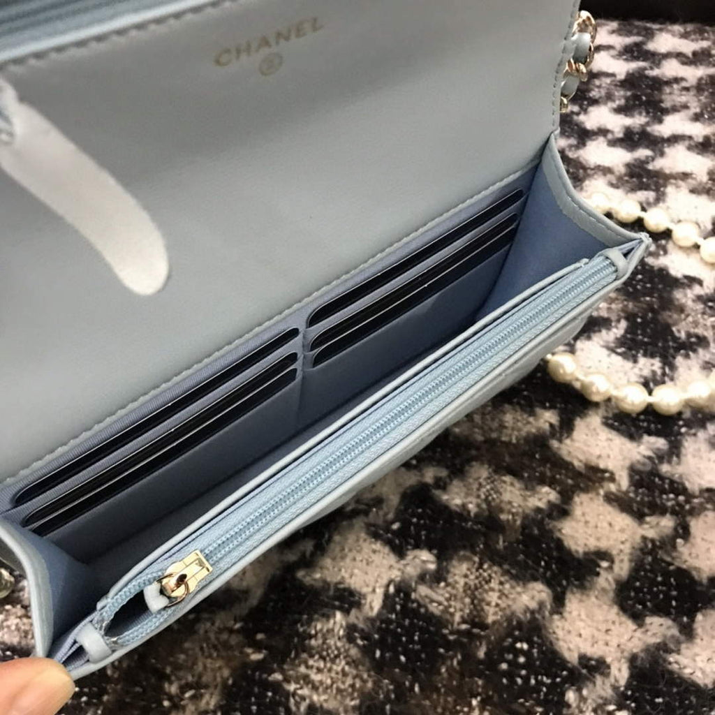 Chanel A68052 Wallet on Chain bag lambskin Imitation Pearls gold Light Blue