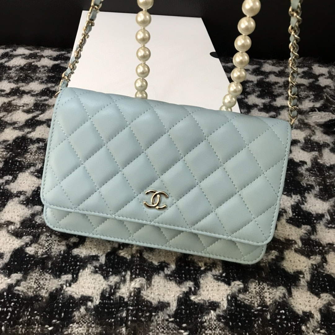 Chanel A68052 Wallet on Chain bag lambskin Imitation Pearls gold Light Blue - Default Title - View 9