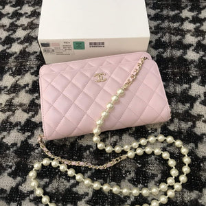 Chanel A68052 Wallet on Chain bag lambskin Imitation Pearls gold Pink - Default Title - View 1