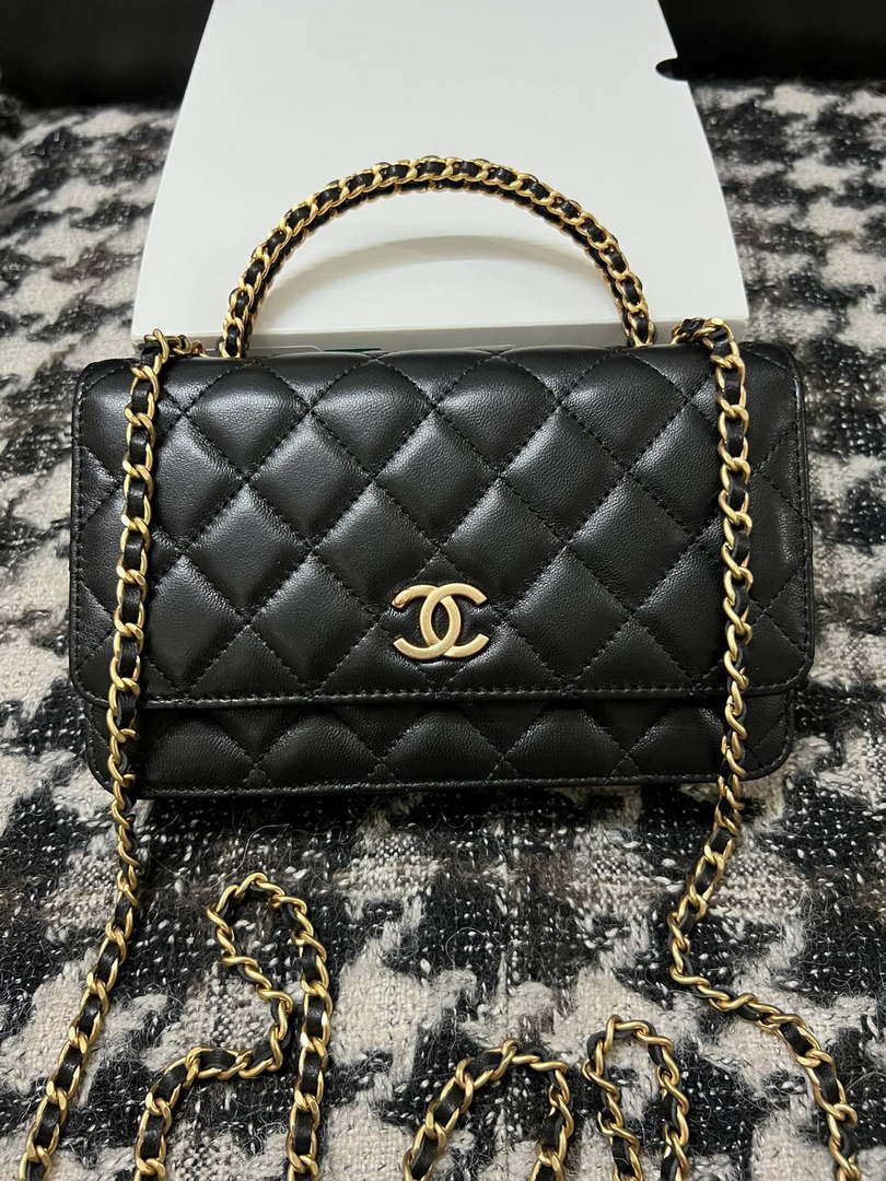 Chanel A68113 Woc Wallet on Chain With Handle Black Shiny Crumpled Calfskin
