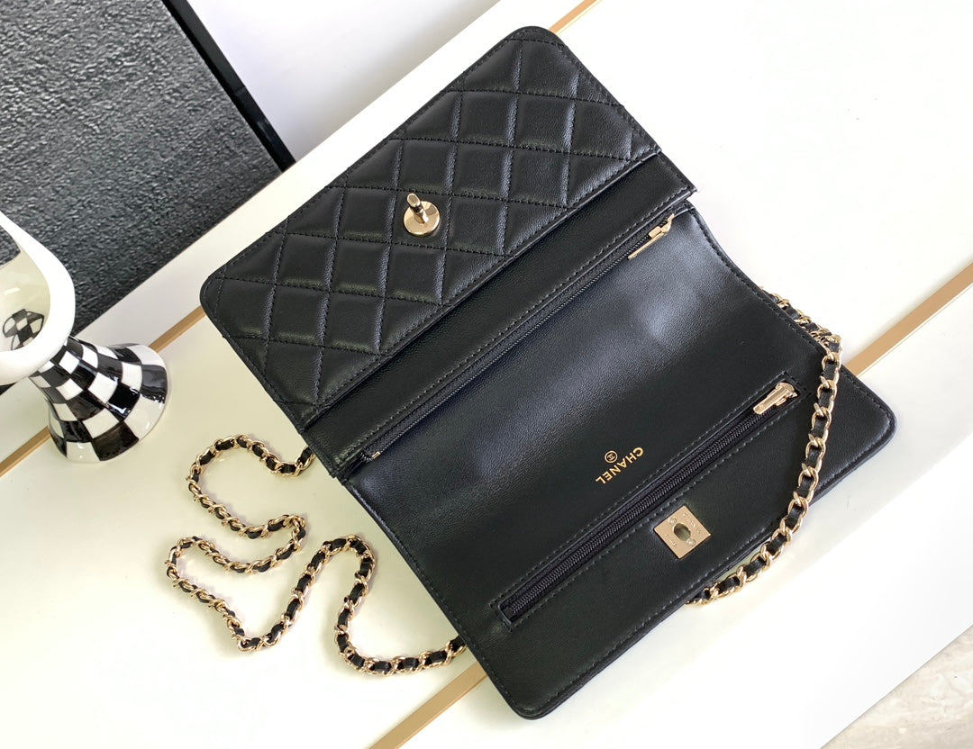 Chanel A96033 Woc Wallet on Chain With Small flower handle Black Shiny Crumpled Lambskin - Default Title - View 7