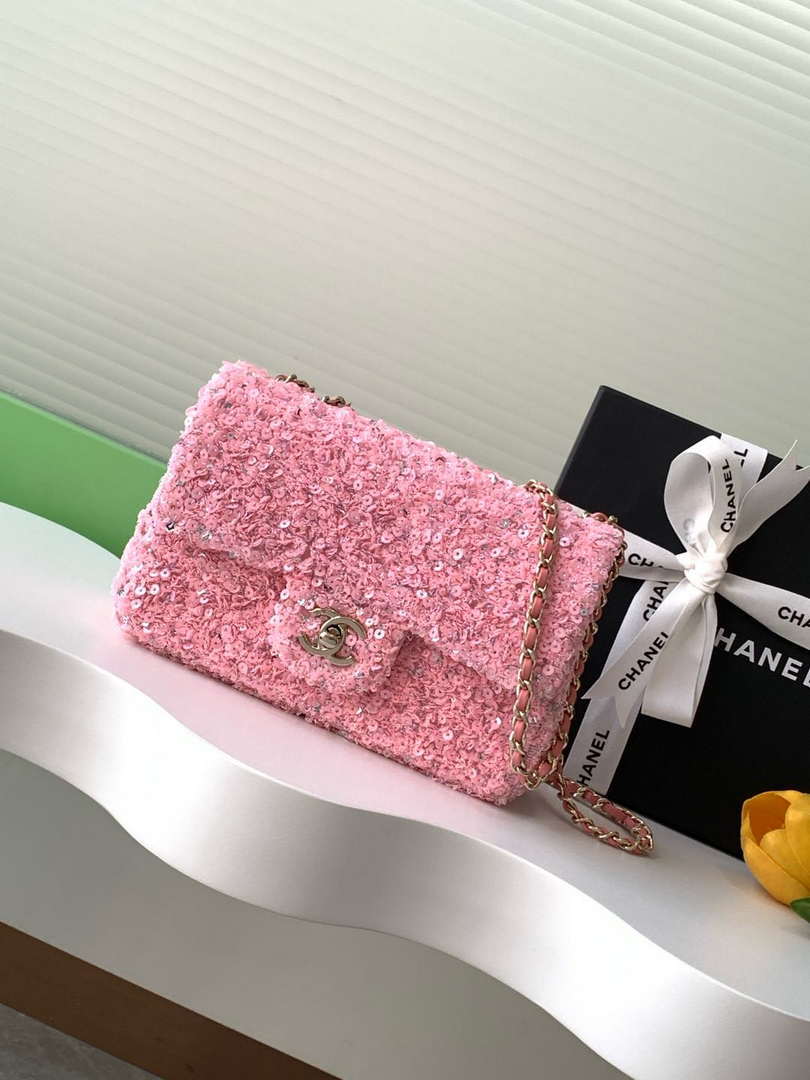 Chanel A69900 24K Mini Flap Sequin Series CF AS1116 Silver Pink