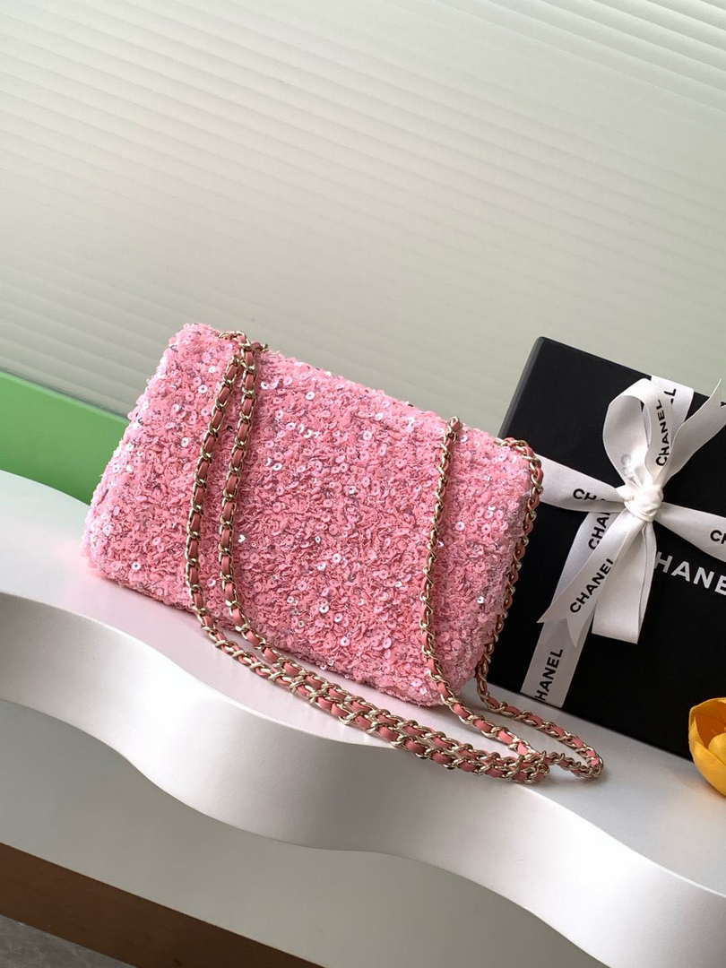 Chanel A69900 24K Mini Flap Sequin Series CF AS1116 Silver Pink