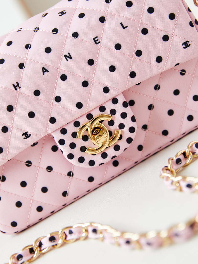 Chanel A69900 24P Mini Flap Pink Fabric Printed with white raindrops AS1116