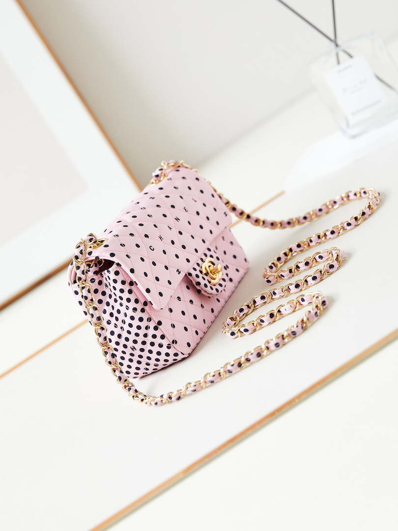 Chanel A69900 24P Mini Flap Pink Fabric Printed with white raindrops AS1116