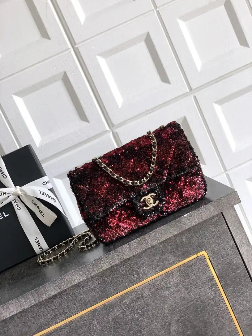 Chanel A69900 25B Mini Flap bag AS1116 Dense sequins Black Wine red
