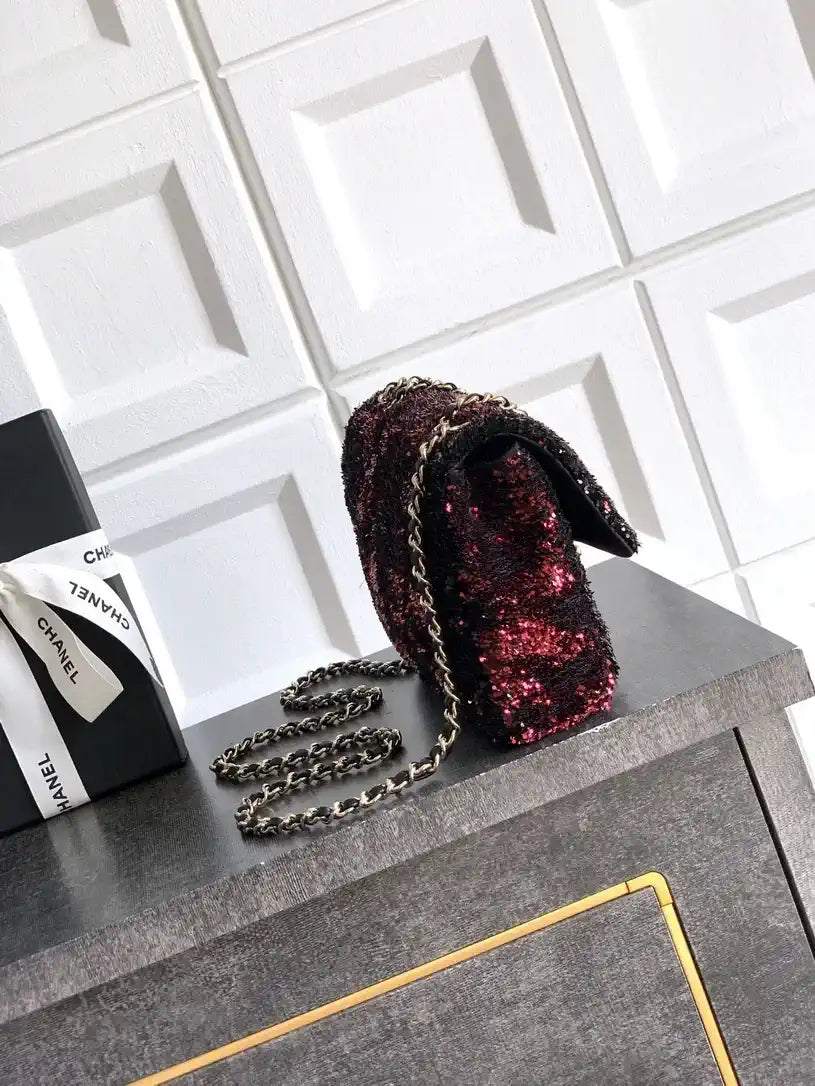 Chanel A69900 25B Mini Flap bag AS1116 Dense sequins Black Wine red