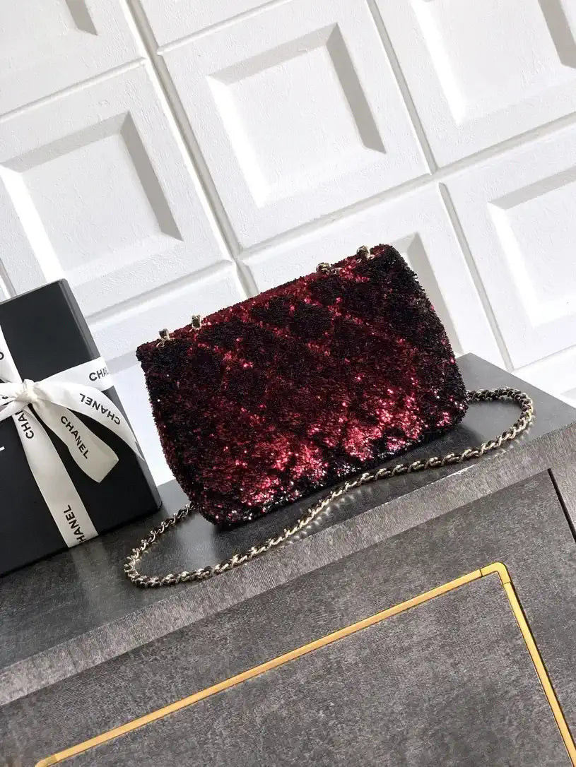 Chanel A69900 25B Mini Flap bag AS1116 Dense sequins Black Wine red