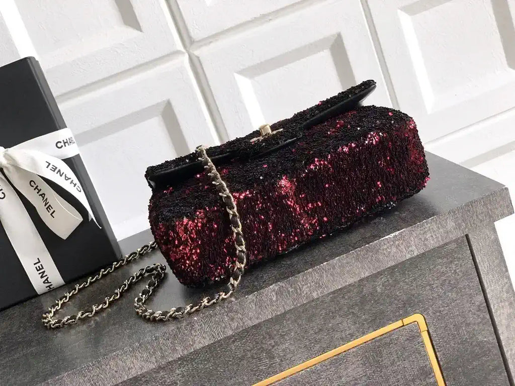 Chanel A69900 25B Mini Flap bag AS1116 Dense sequins Black Wine red