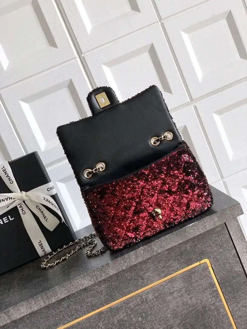 Chanel A69900 25B Mini Flap bag AS1116 Dense sequins Black Wine red
