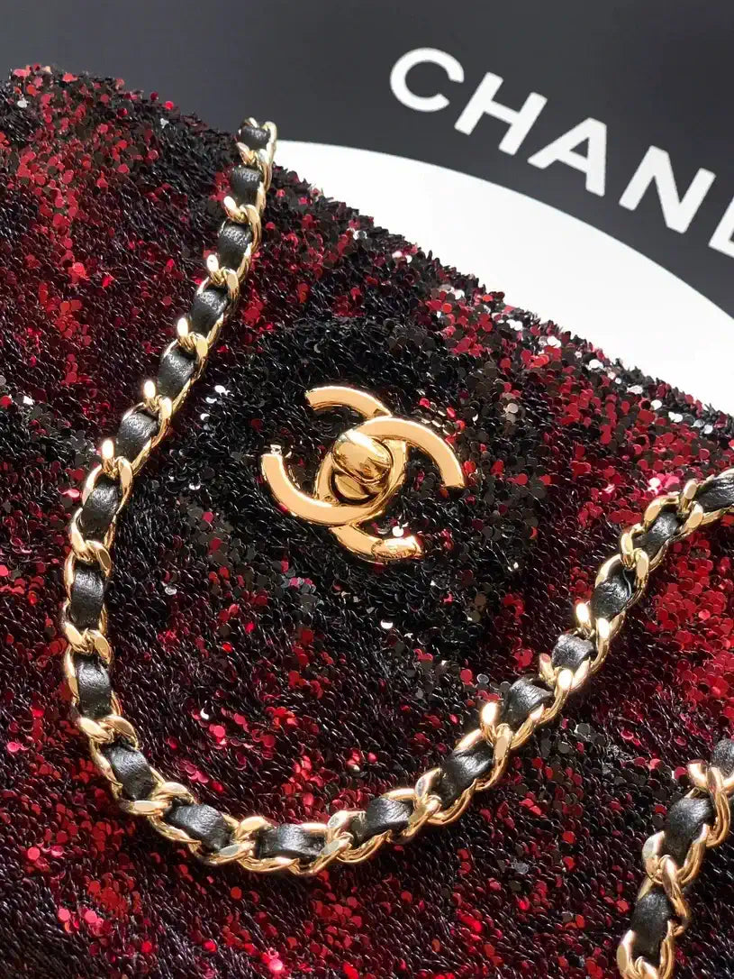 Chanel A69900 25B Mini Flap bag AS1116 Dense sequins Black Wine red