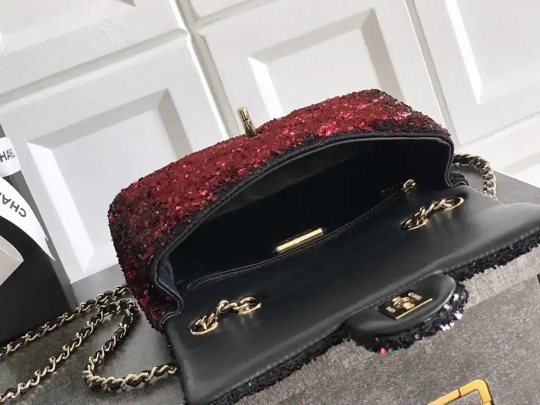 Chanel A69900 25B Mini Flap bag AS1116 Dense sequins Black Wine red