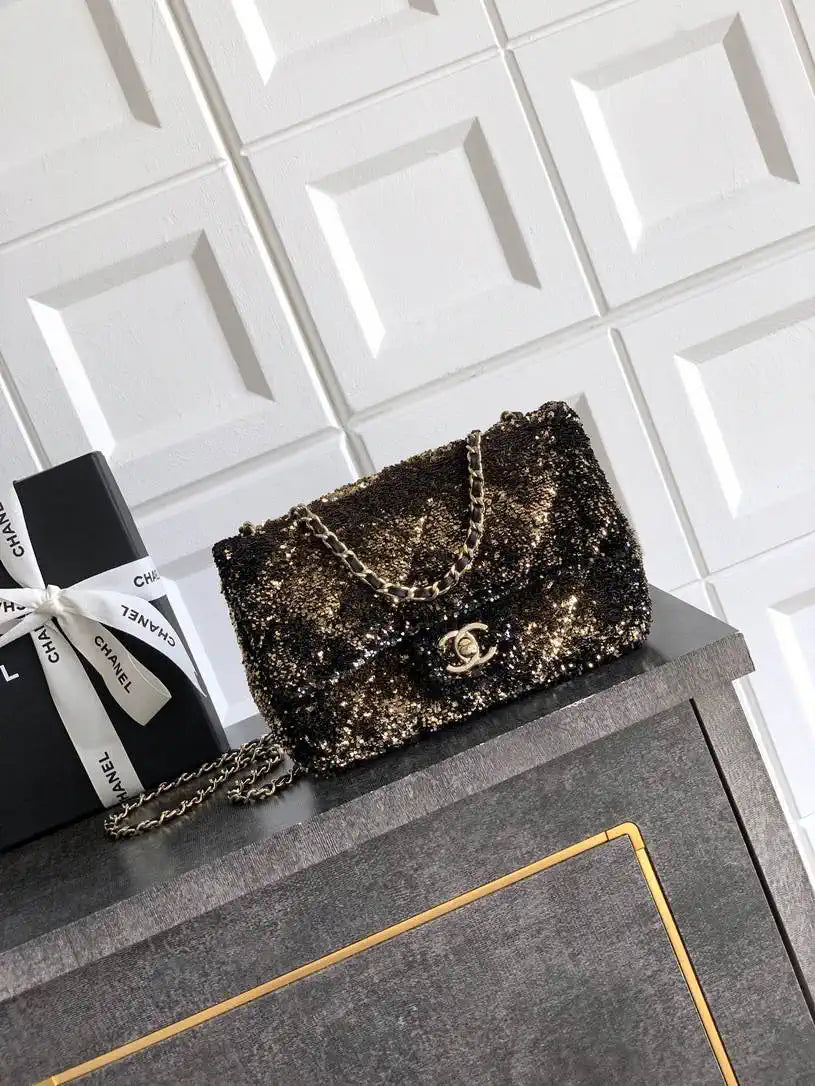 Chanel A69900 25B Mini Flap bag AS1116 Dense sequins golden betel