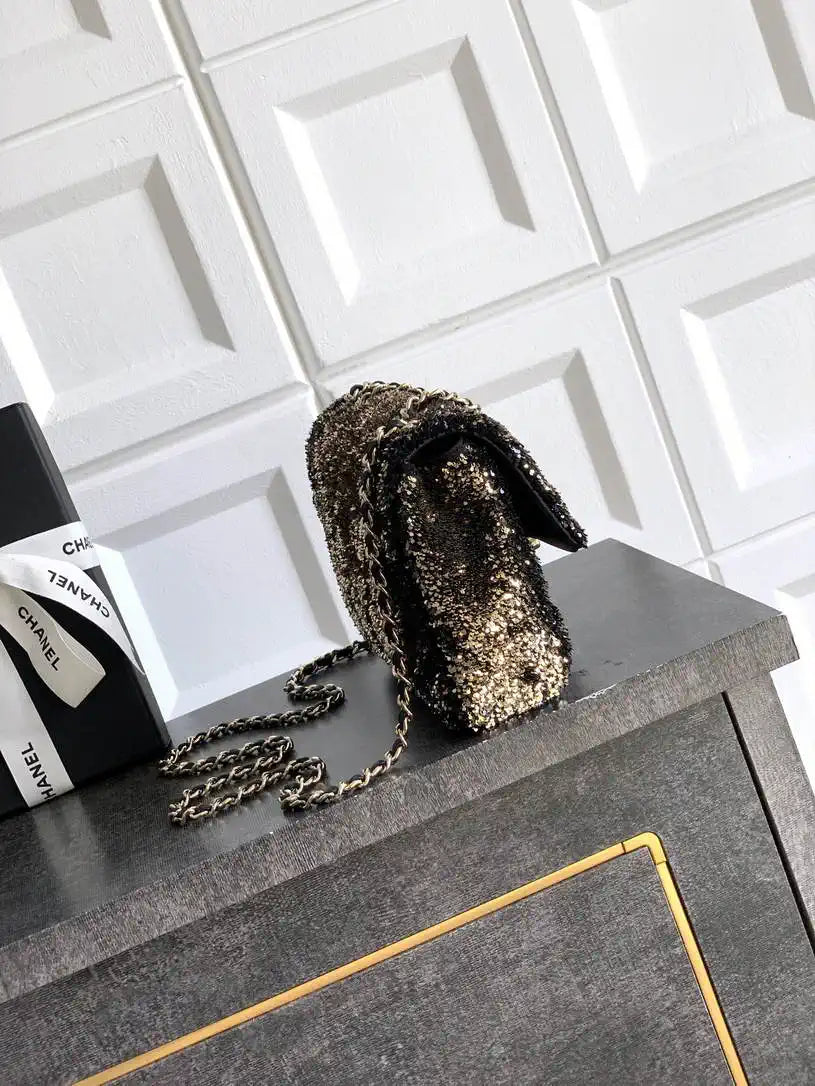 Chanel A69900 25B Mini Flap bag AS1116 Dense sequins golden betel