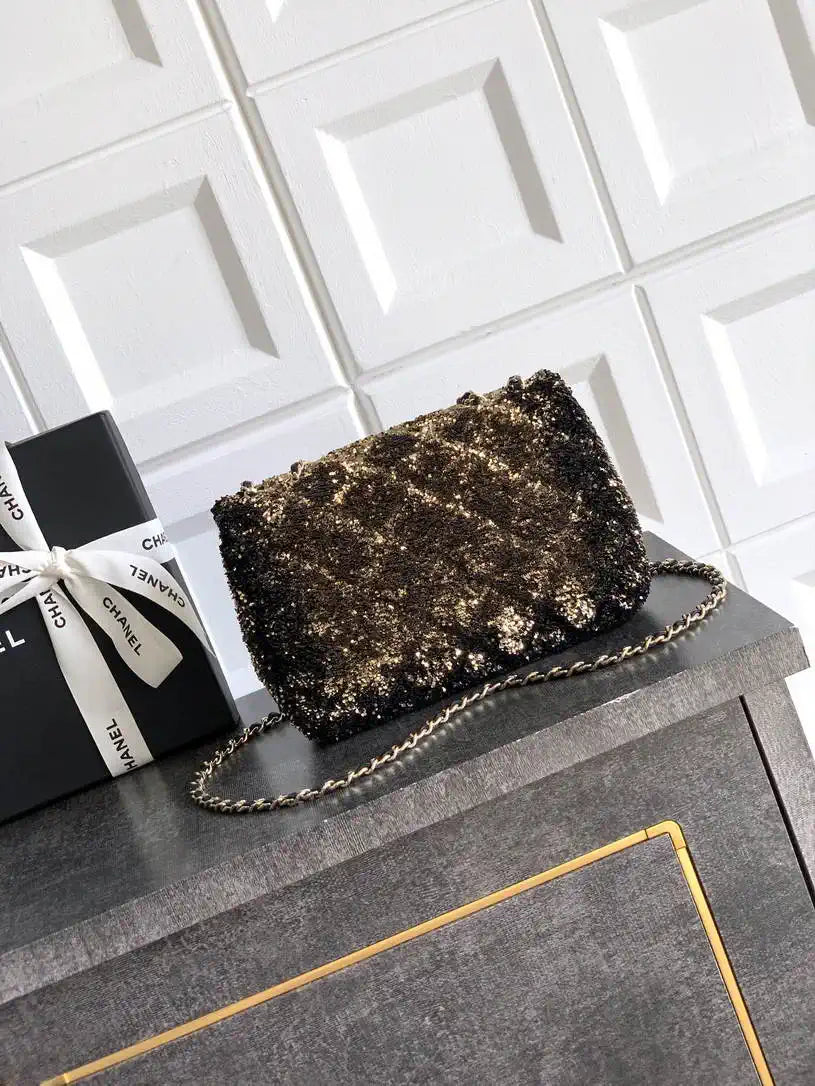 Chanel A69900 25B Mini Flap bag AS1116 Dense sequins golden betel