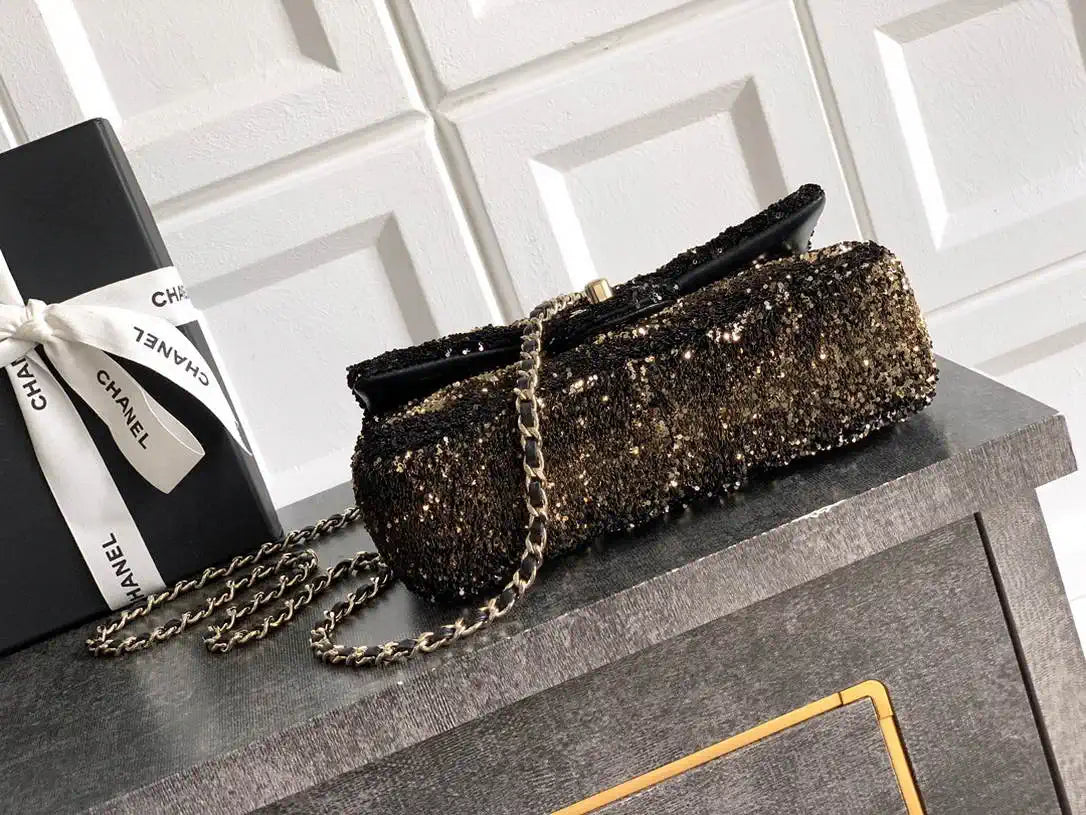 Chanel A69900 25B Mini Flap bag AS1116 Dense sequins golden betel