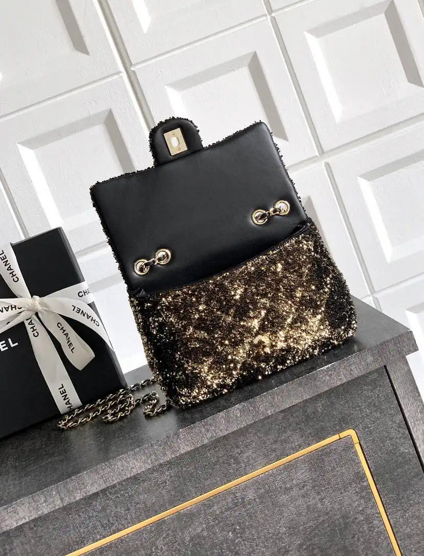 Chanel A69900 25B Mini Flap bag AS1116 Dense sequins golden betel