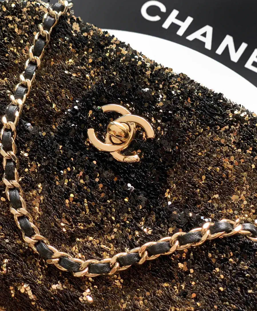 Chanel A69900 25B Mini Flap bag AS1116 Dense sequins golden betel